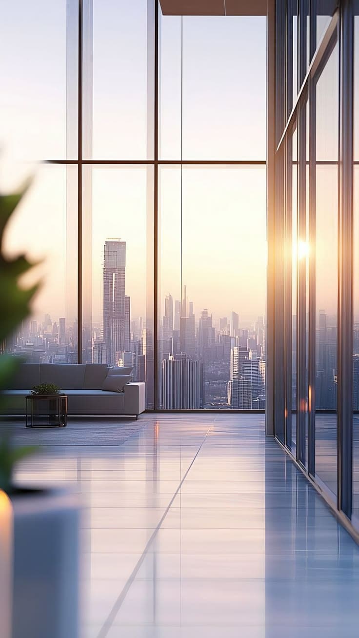Penthouse lobby overlooking the city skyline